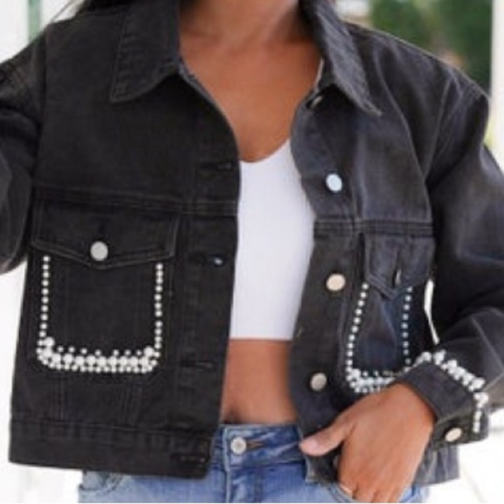 Savanna Jane Black (Charcoal) Jean Jacket Pearl and Rhinestone trim NWT NEW